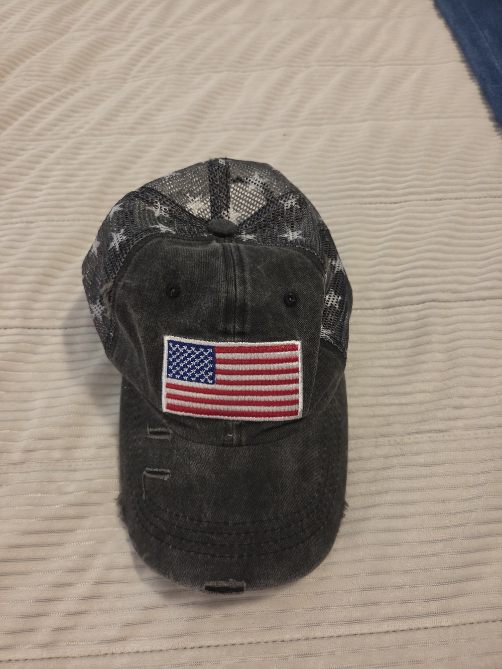 Women's Black Distressed Trucker Hat with American Flag Patch & Stars- Velcro